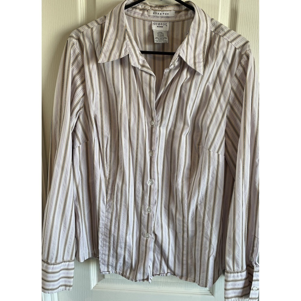 Long Sleeve Shirt GEORGE Woman Black and Tan Stripe Button Up Size 18W/20W